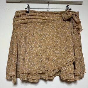 AERIE Paisley Chiffon Wrap Mini Skirt Tan Flowy Boho Self Tie Size XL